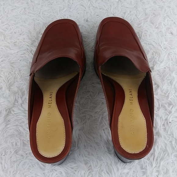 Antonio Melani Brown Leather Upper Square Toe Mid Blocked Heel Slip On Mule Shoe - Picture 5 of 12